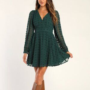 Lulus Always On Repeat Emerald Green Clip Dot Long Sleeve Mini Dress - Size M